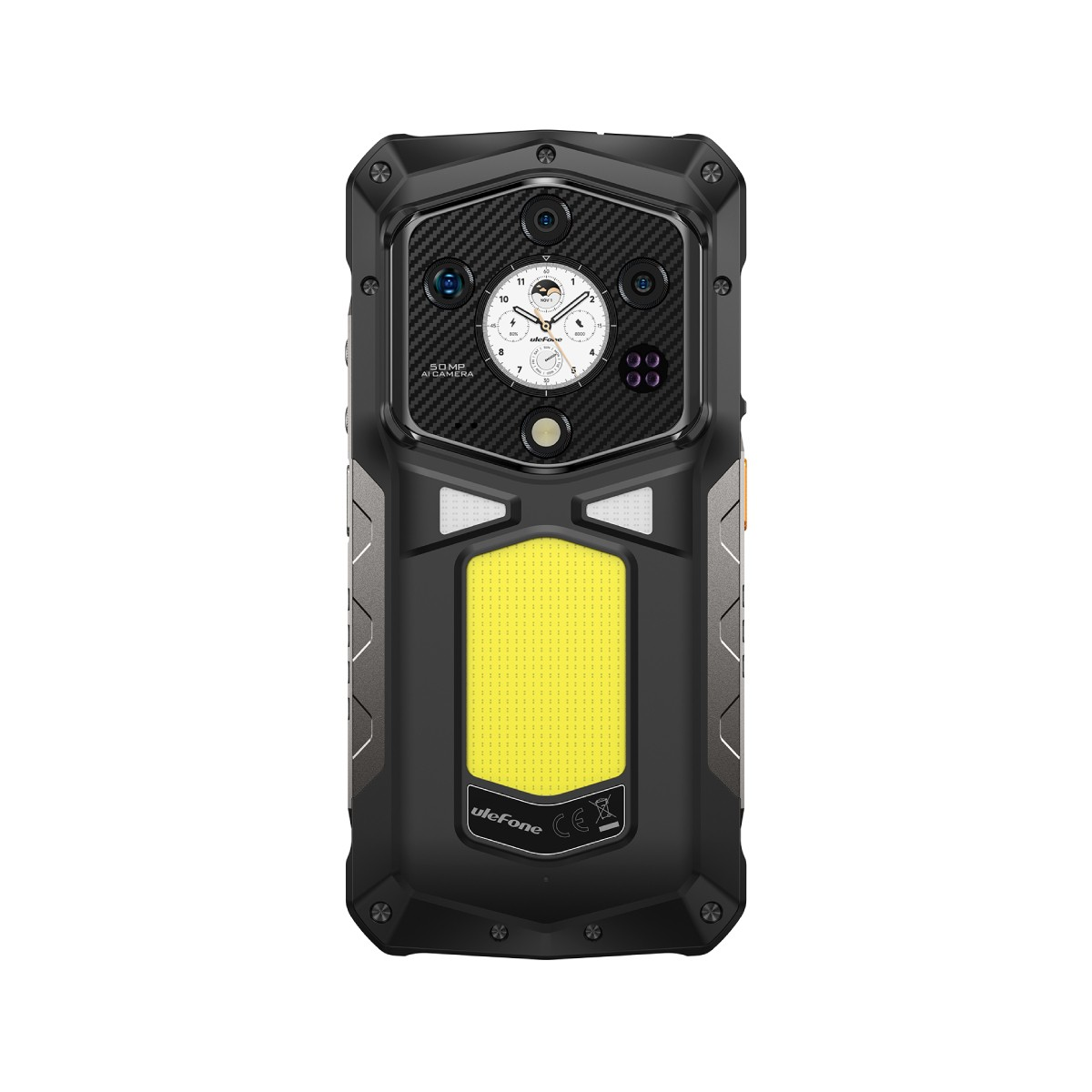 Smartphone robusto con array di fotocamere, flash e pannello luminoso giallo.