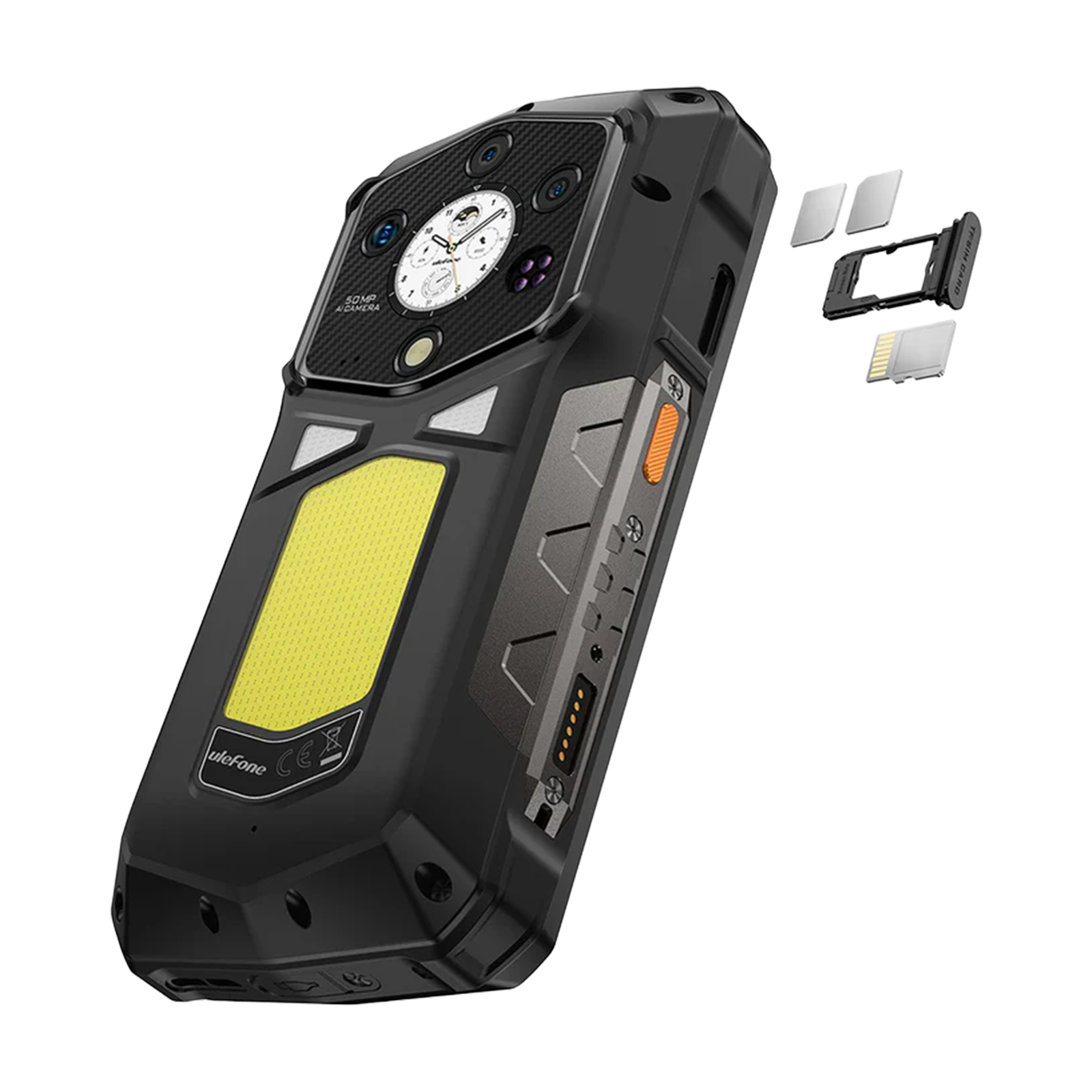 Robusto smartphone nero con fotocamere multiple, pannello luminoso giallo e vassoio SIM.