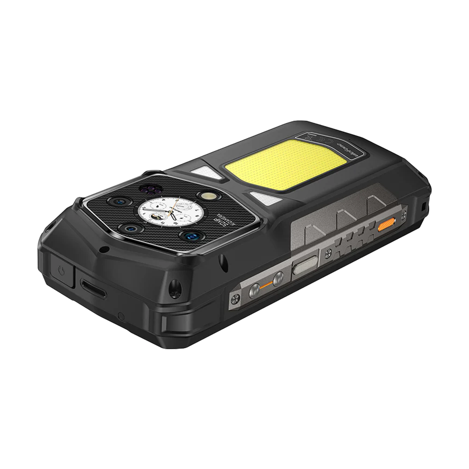 Smartphone nero con pannello luminoso giallo, fotocamere e pulsanti.