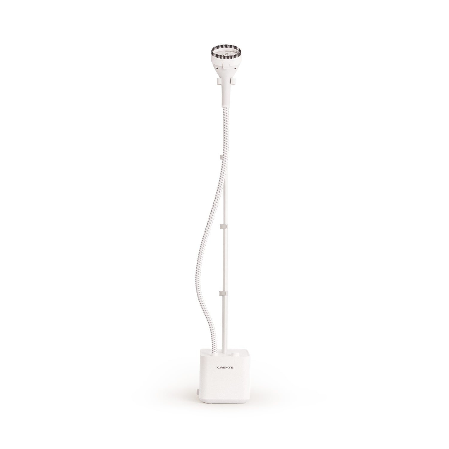 Un vaporizador de ropa blanco con manguera y cabezal de cepillo.