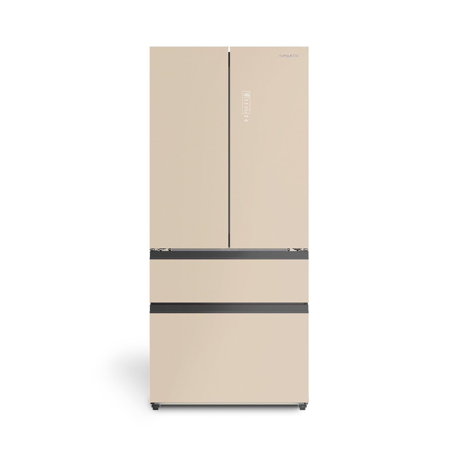 Un refrigerador beige de puertas francesas con pantalla digital y detalles negros.