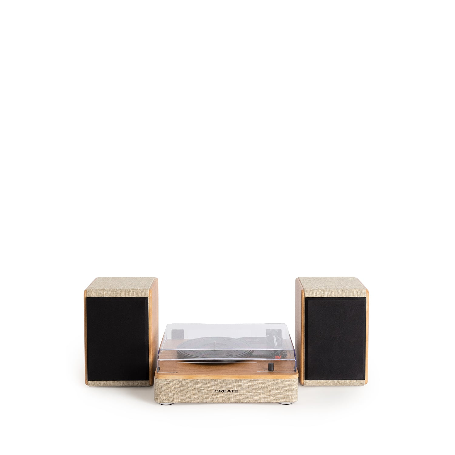 Un tocadiscos con dos altavoces sobre fondo blanco.