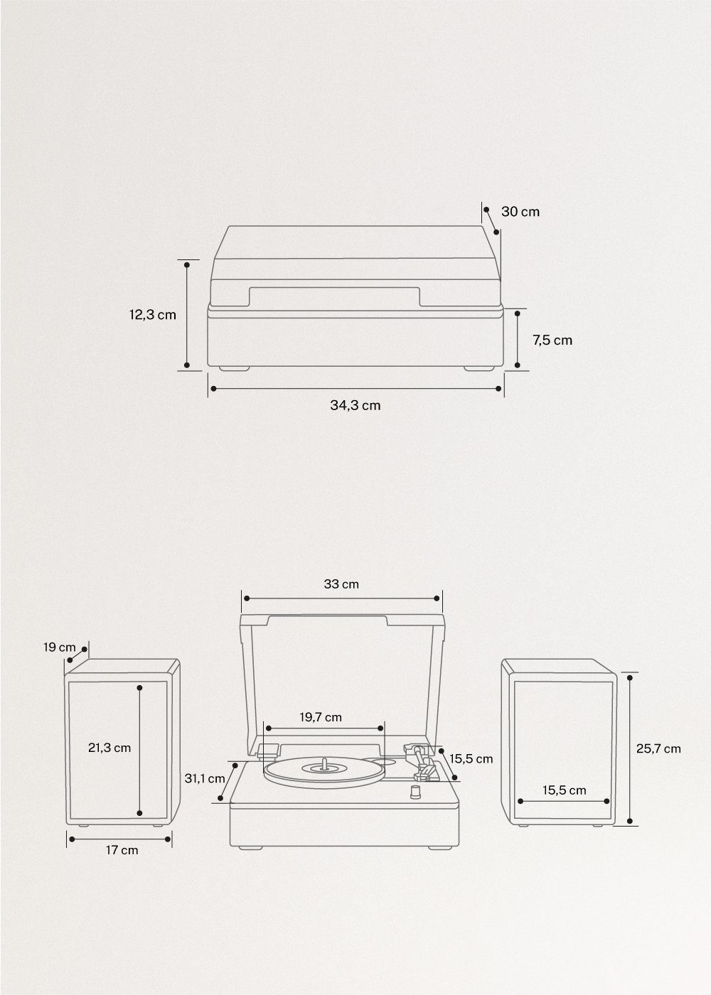Dibujo técnico de un tocadiscos y dos altavoces con dimensiones.