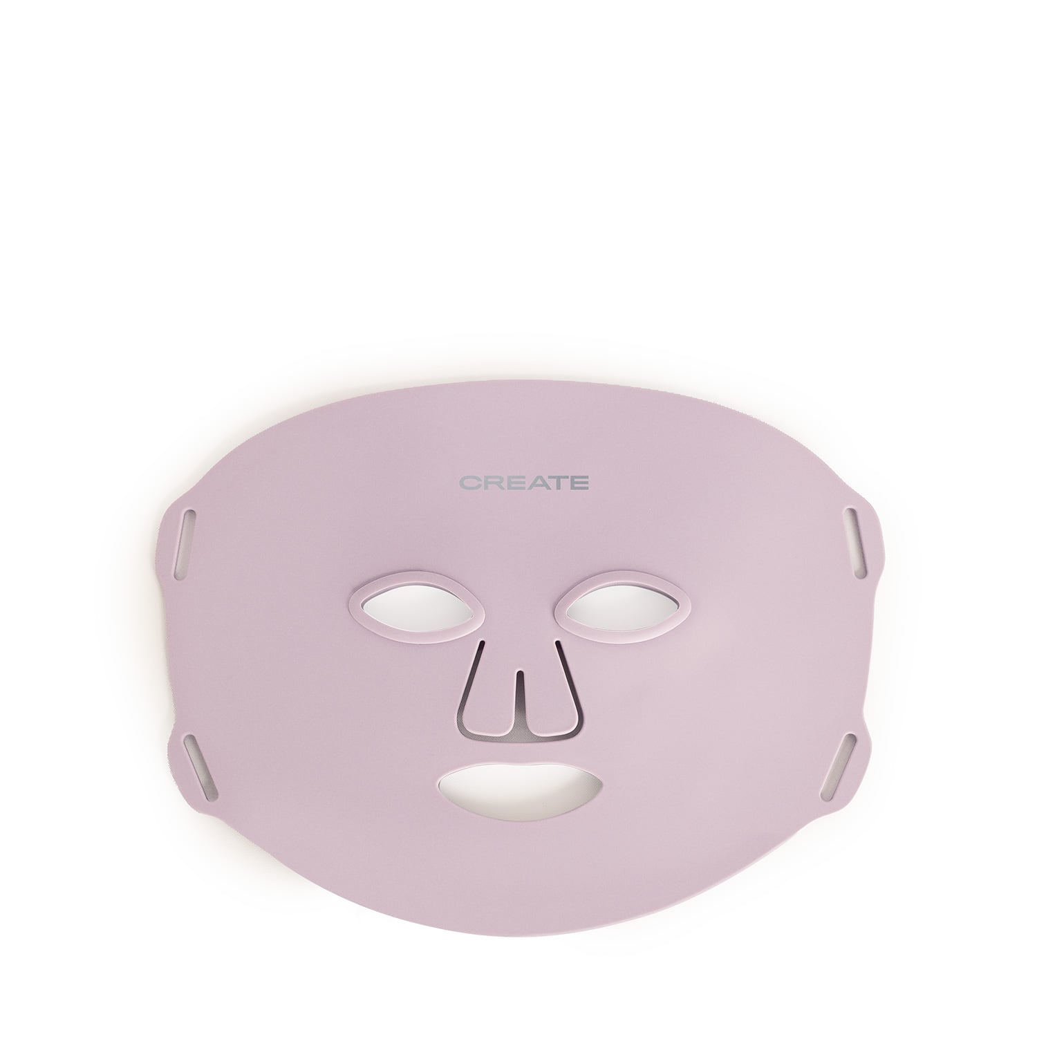 Una mascarilla facial color lavanda con recortes para ojos, nariz y boca.
