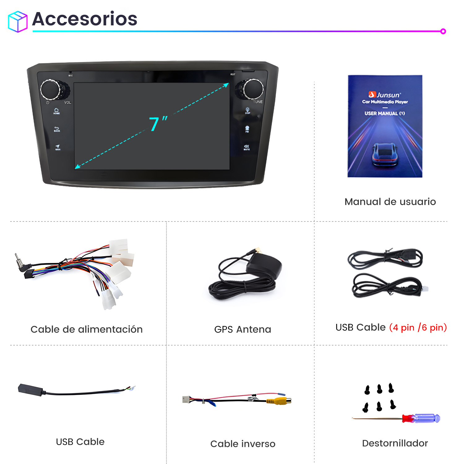 Accesorios: Pantalla de 7 pulgadas, manual, antena GPS, cables y destornillador.