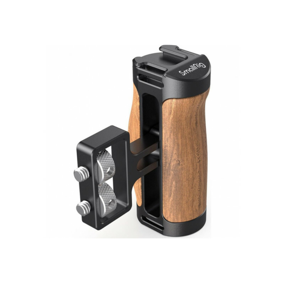 Een houten camerahandgreep met zwarte houder en duimschroeven.