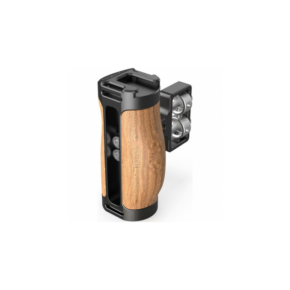 Houten grip met zwarte flitsschoen en twee lampjes.