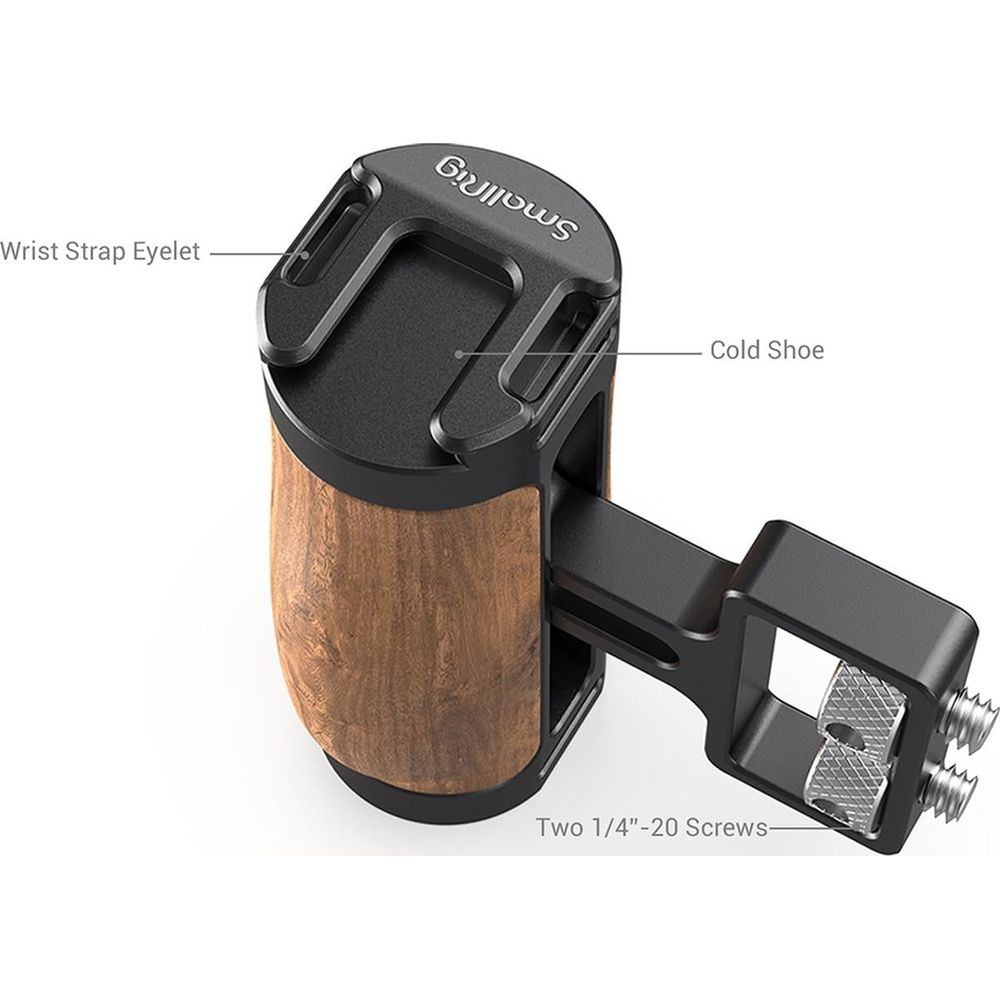 Camera grip met houten handvat, cold shoe mount, polsbandoog en twee 1/4"-20 schroeven.