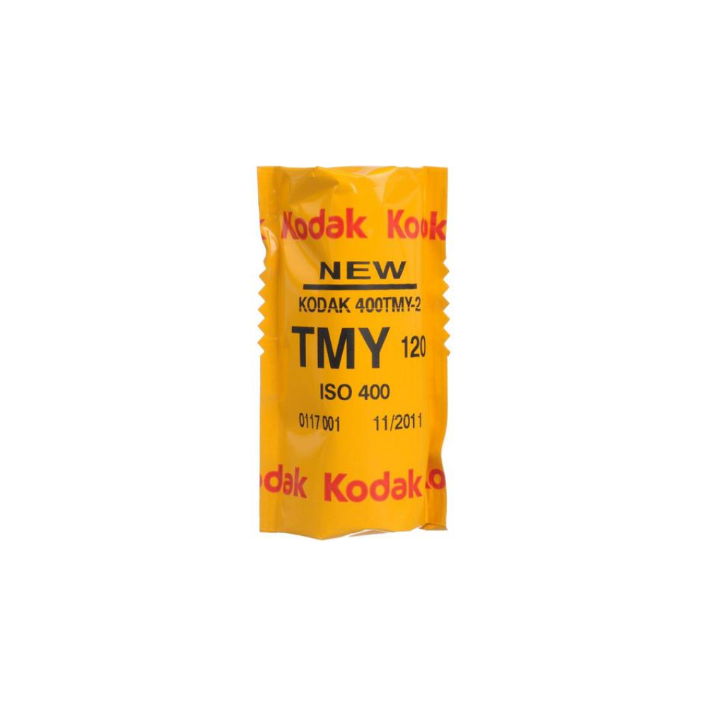 Gele Kodak TMY 120 filmrol met tekst zoals ISO 400.