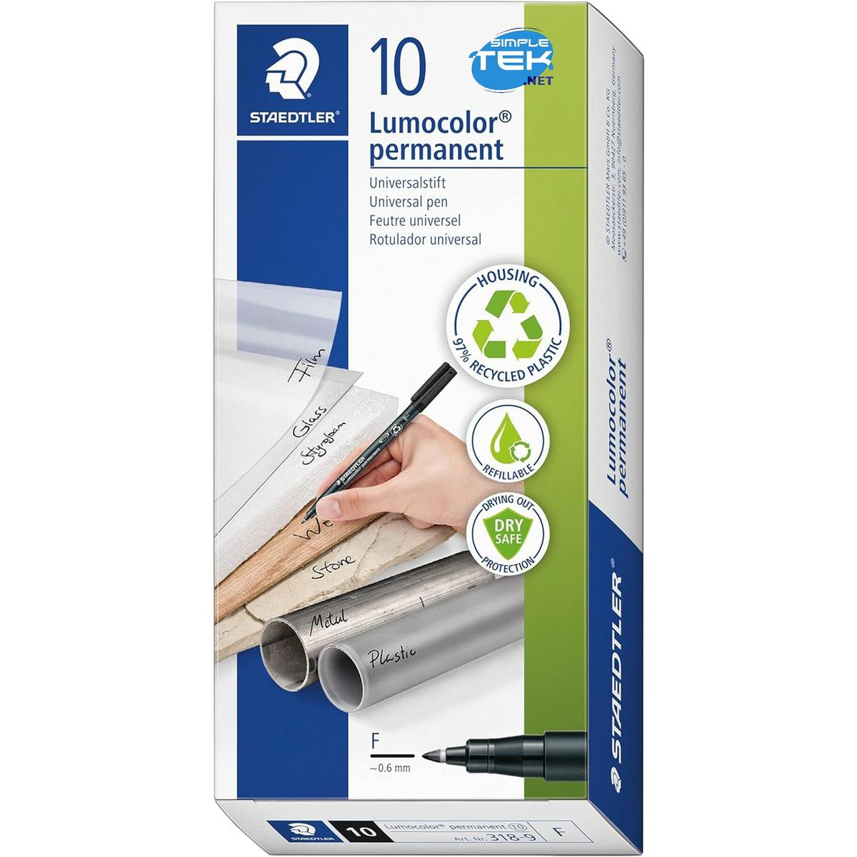 Confezione di pennarelli Staedtler Lumocolor permanenti, con pennarello su varie superfici.