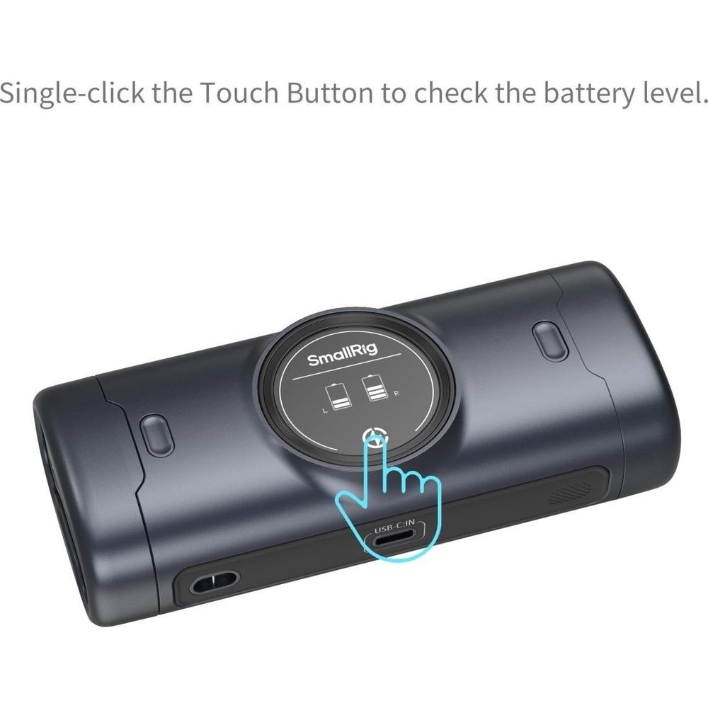 Dunkelgraues SmallRig-Gerät mit Touchscreen zur Anzeige des Batteriestands.