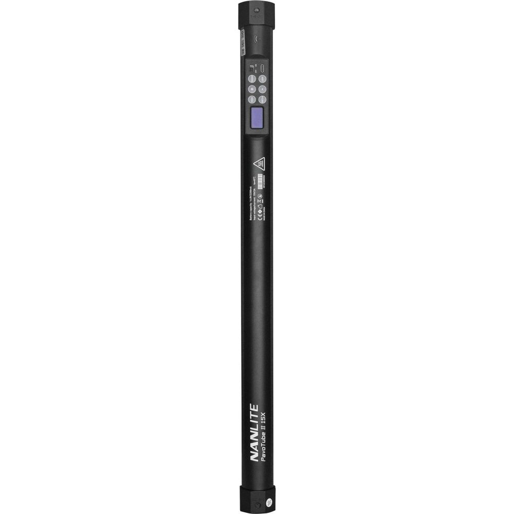 Zwarte Nanlite PavoTube II 15X LED-lamp met bedieningspaneel en markeringen.