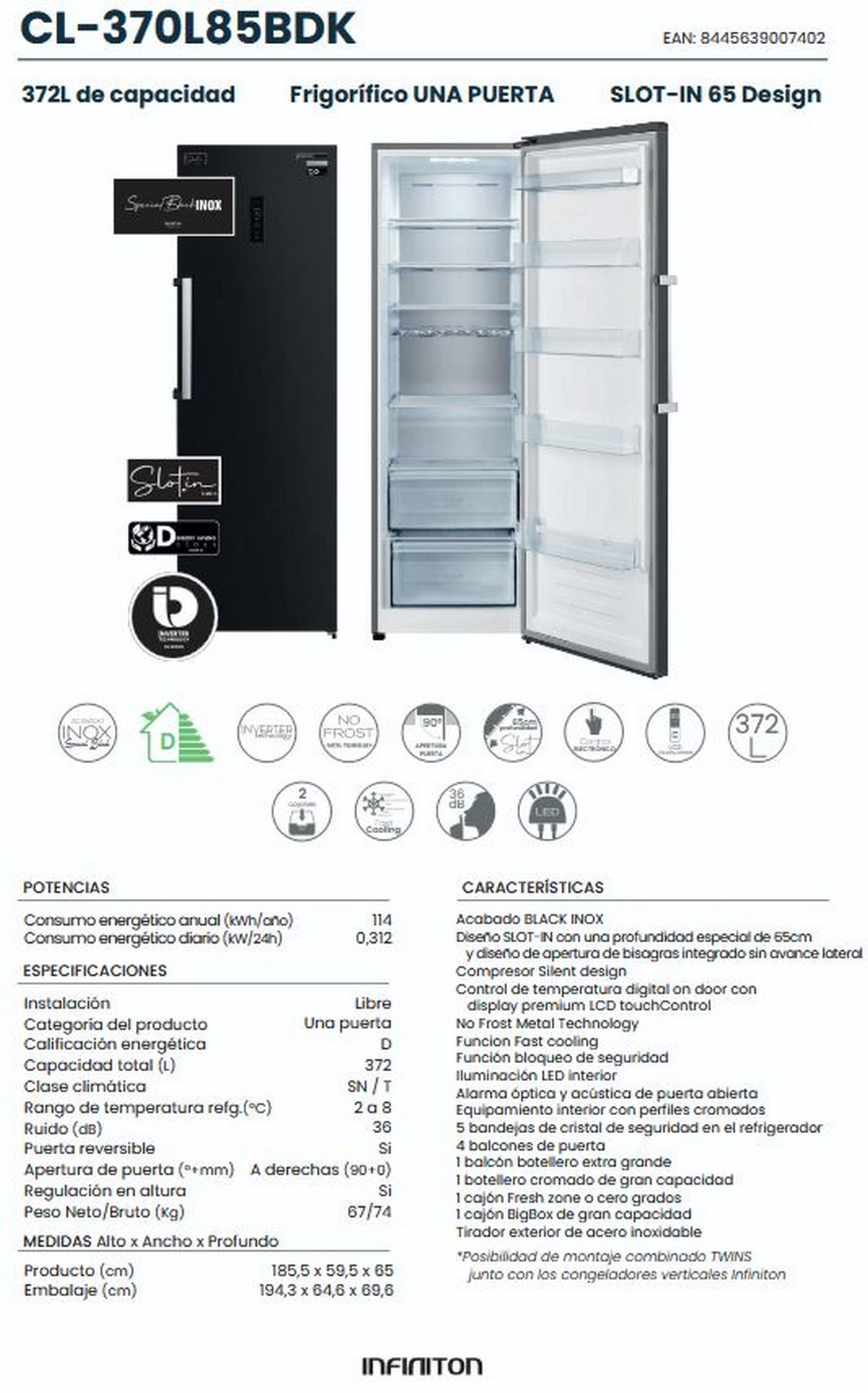 Frigorífico Infiniton negro de una puerta, modelo CL-370L85BDK, con 372L.
