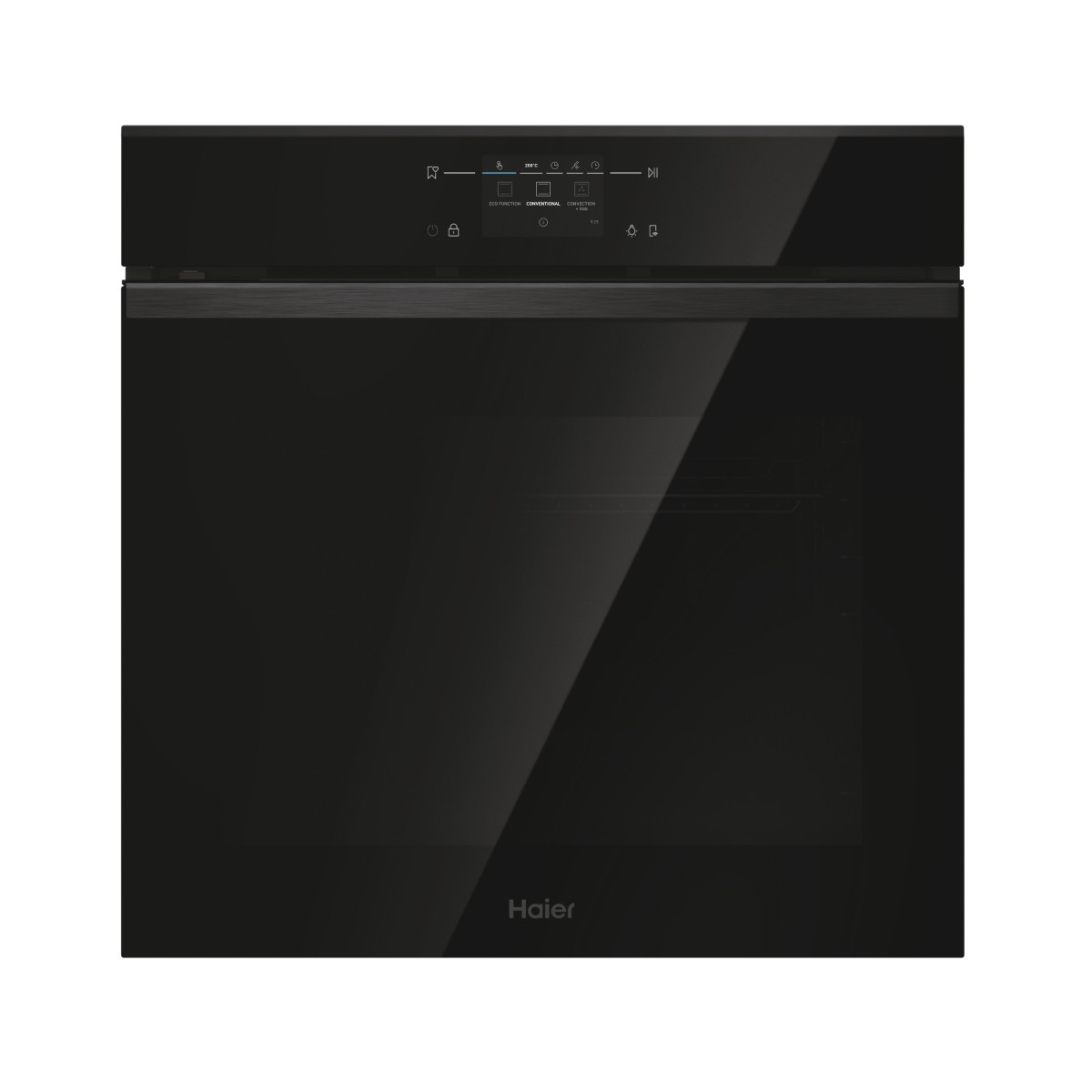 Forno Haier nero con pannello di controllo touch e porta in vetro.