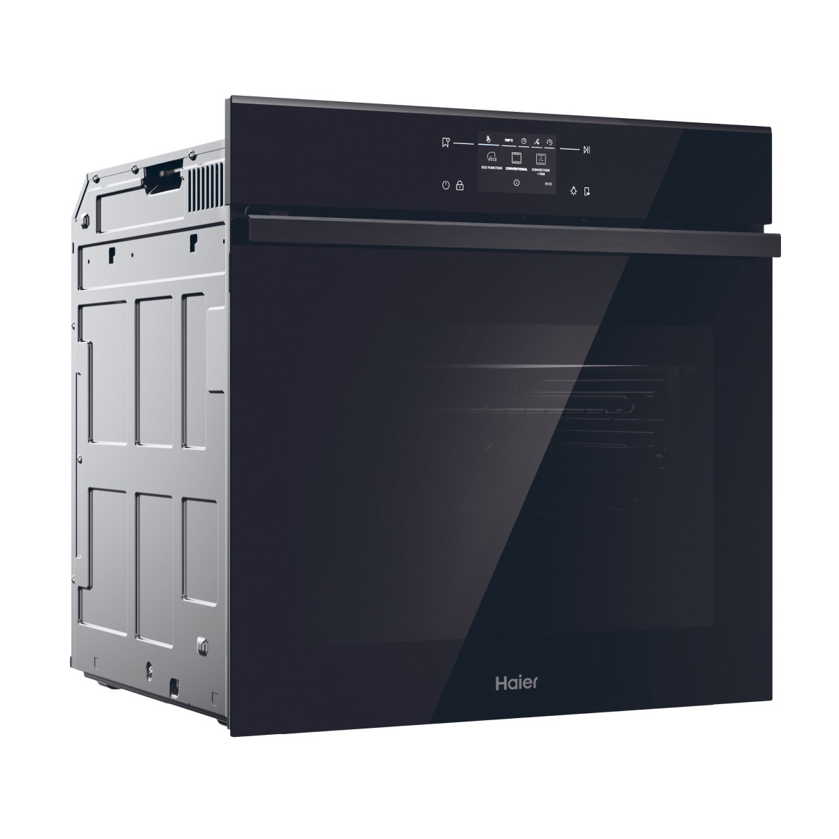 Un forno da incasso nero moderno con display digitale e cassa argentata.
