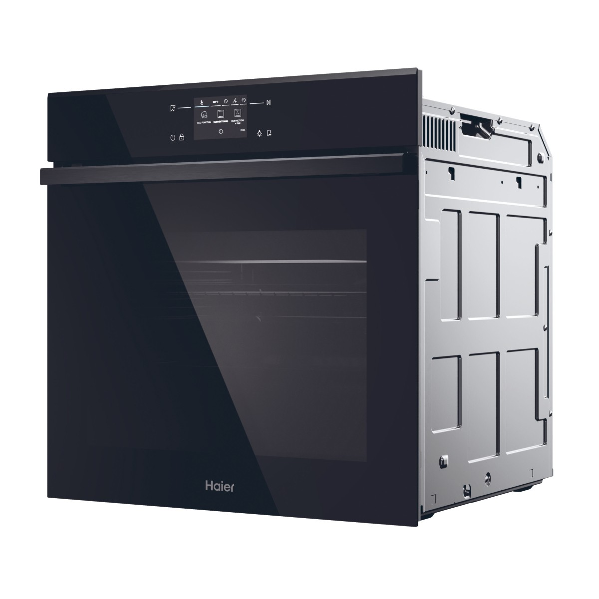 Un moderno forno da incasso Haier nero con display digitale e cassa argentata.