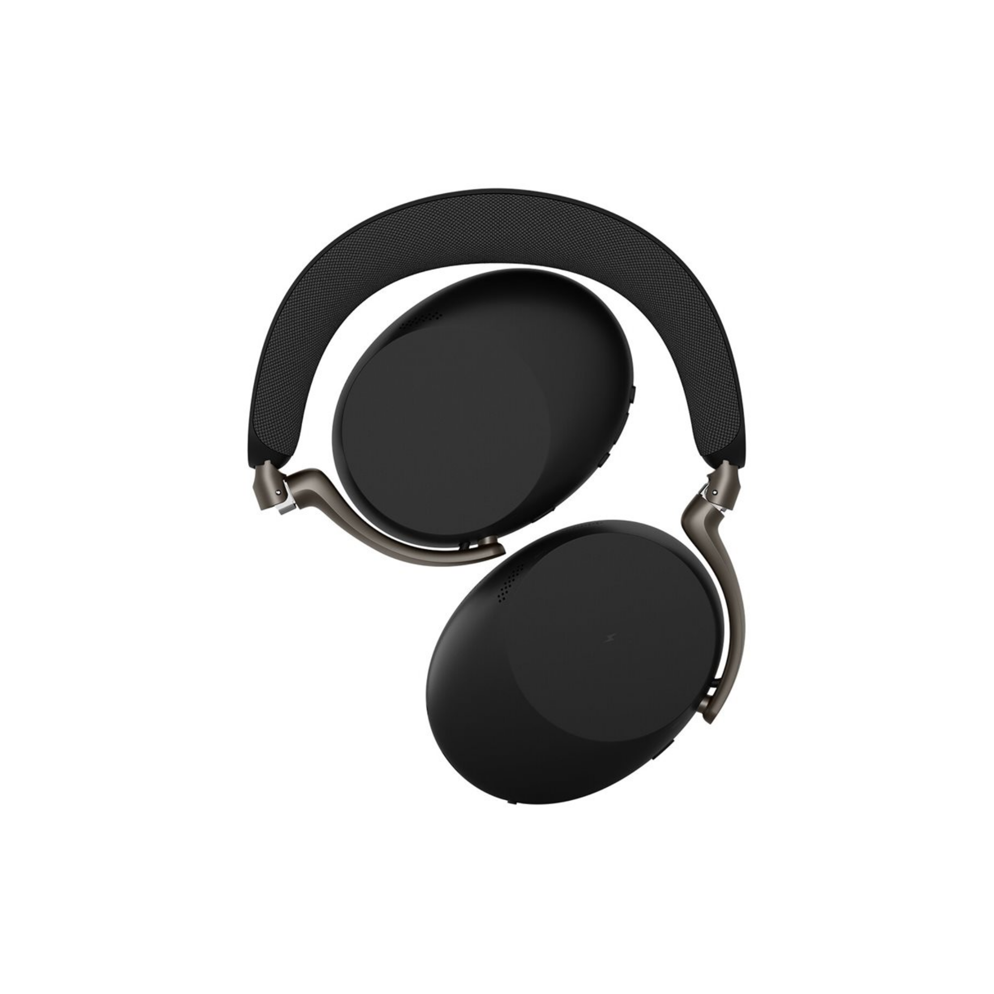 Casque noir avec bandeau rembourré et écouteurs sur fond blanc.