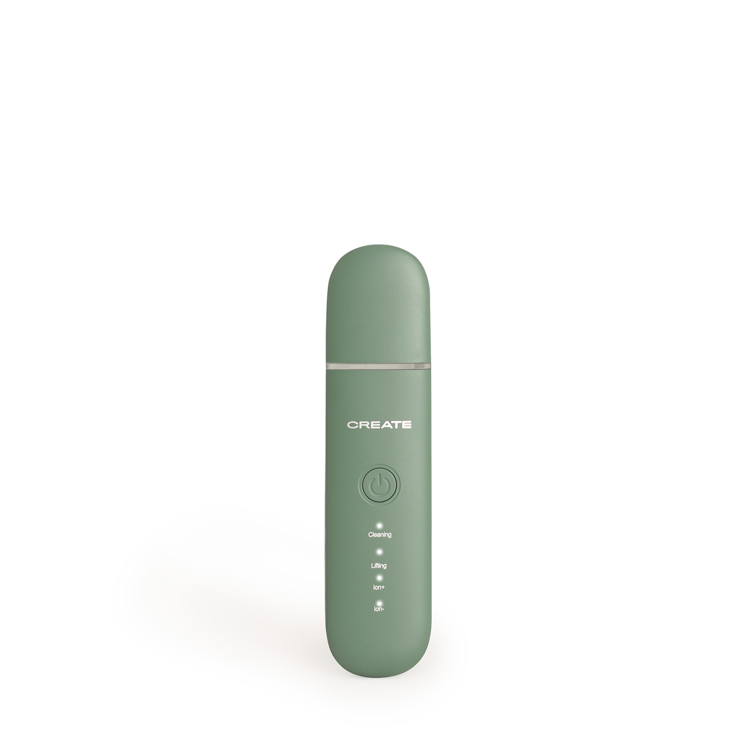 Un dispositivo de cuidado de la piel verde con botones y luces sobre fondo blanco.