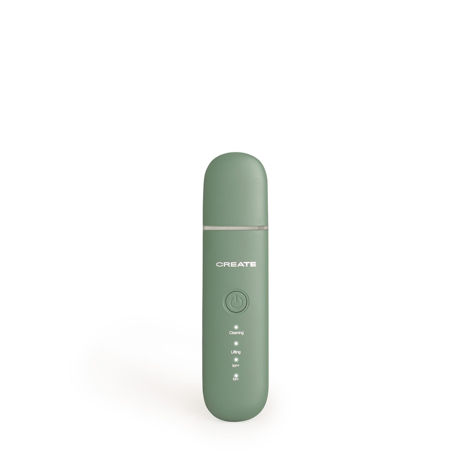 Un dispositivo de cuidado de la piel verde con botones para limpieza, elevación e iones.