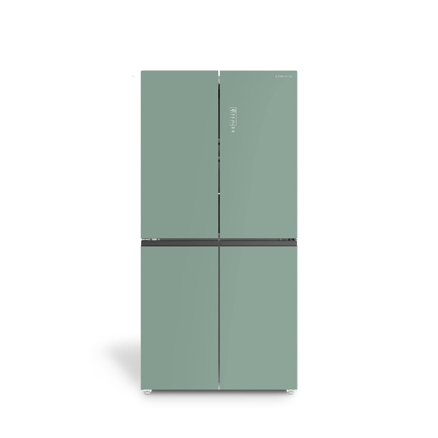 Un refrigerador moderno de cuatro puertas, color verde salvia, con pantalla digital y asa.
