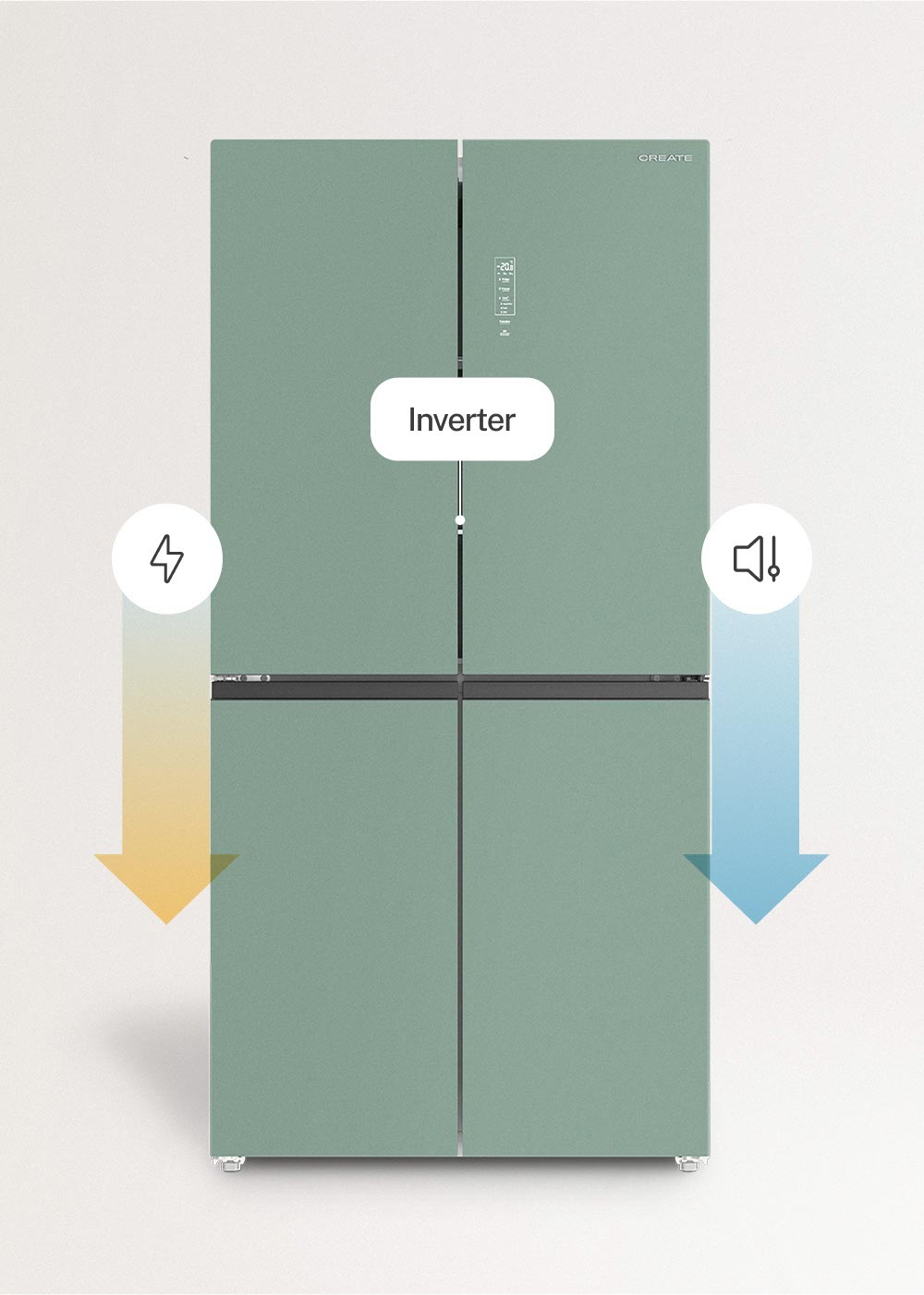 Un refrigerador verde con texto "Inverter" e iconos de energía y nivel de sonido.
