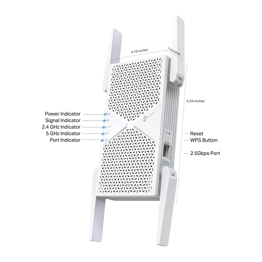 Biały router TP-Link z antenami, pokazujący wskaźniki i wymiary.