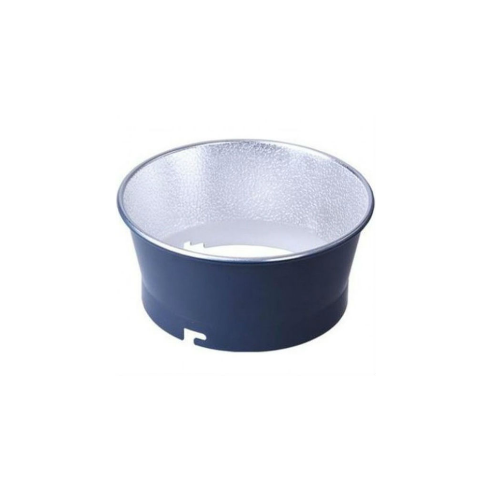 Een donkerblauwe, cilindrische reflector met een zilveren binnenkant.