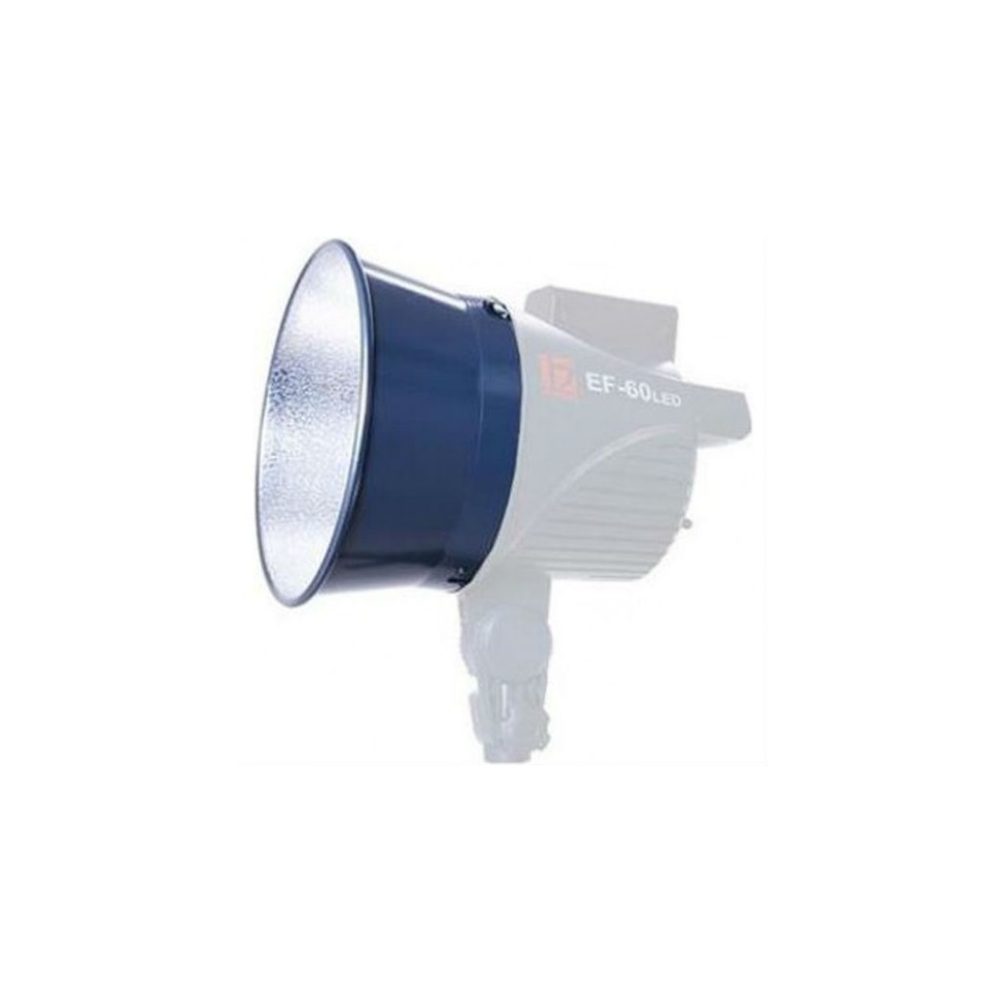 Een blauwe reflector is bevestigd aan een grijze studioflitser.