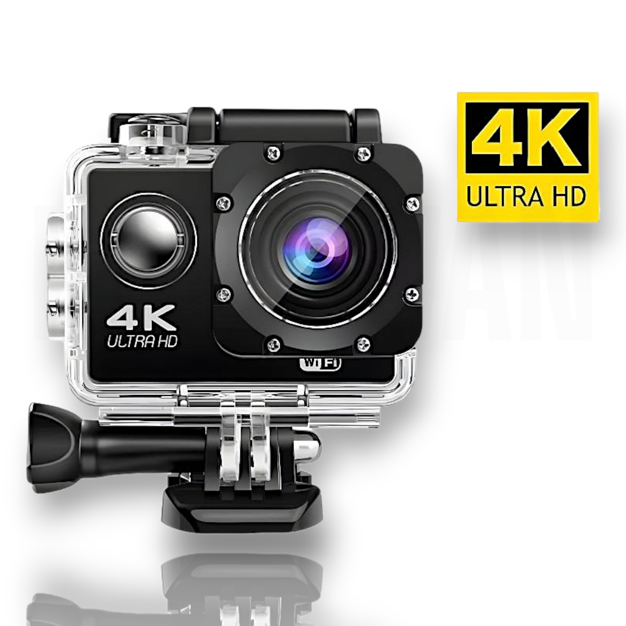 Una cámara de acción negra con logo 4K Ultra HD y símbolo WiFi.
