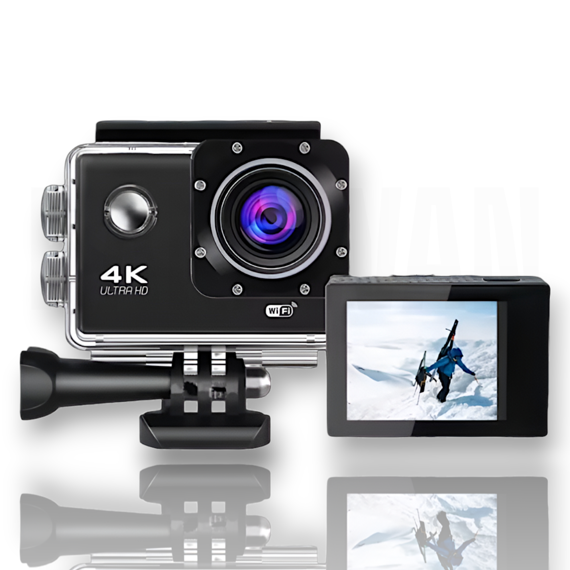 Cámara de acción 4K Ultra HD, Wi-Fi y accesorios. Pantalla muestra esquiador.