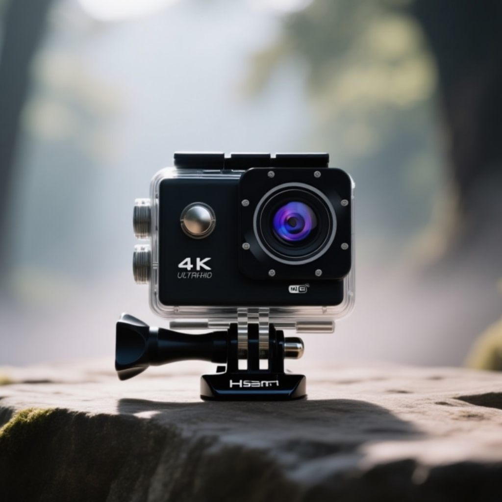 Una cámara de acción 4K Ultra HD negra descansa sobre una roca.