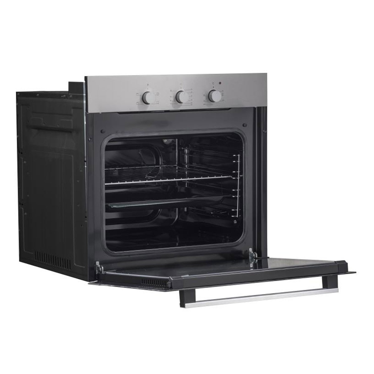 Forno nero con porta aperta e griglie interne. Maniglia argentata sulla porta.