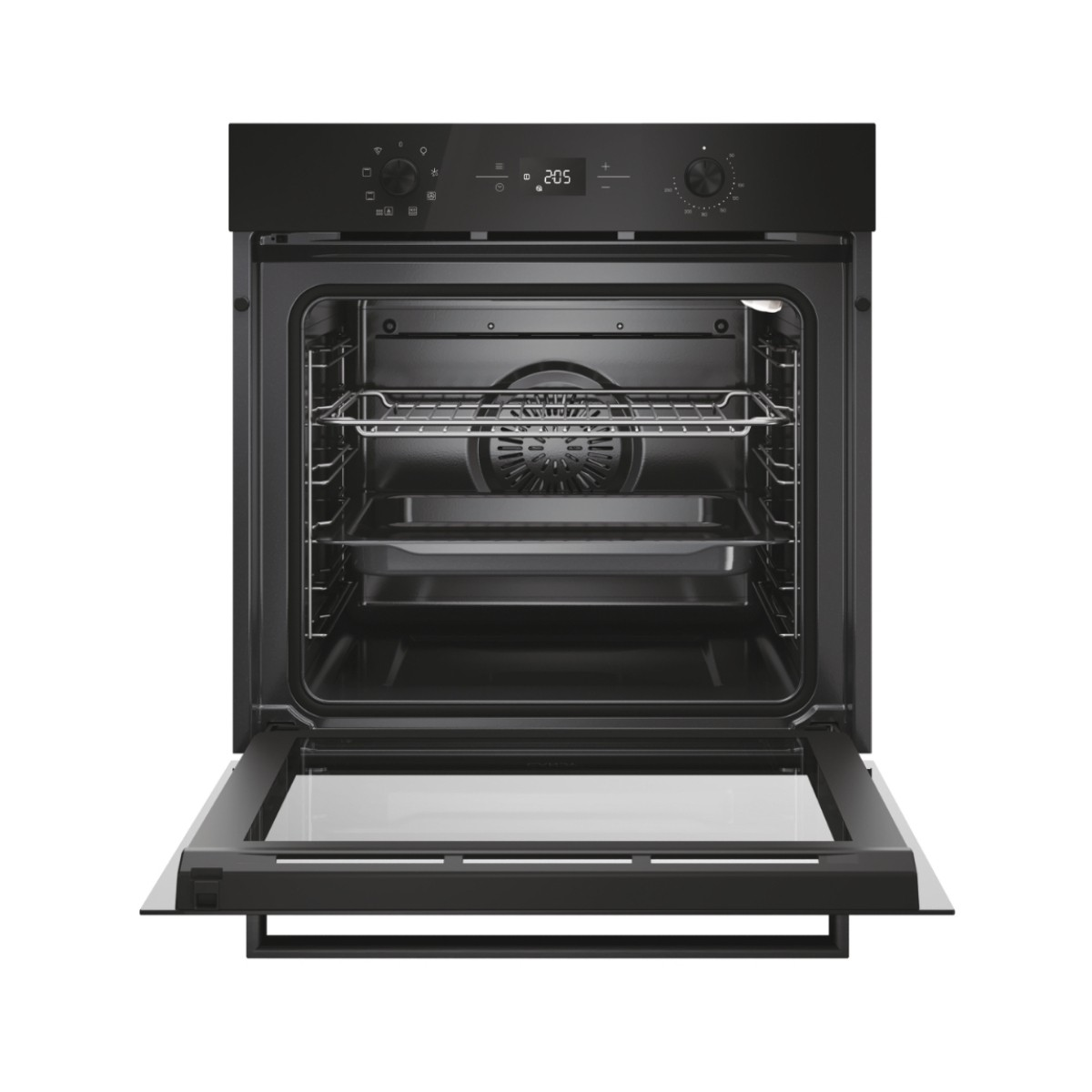 Un forno da incasso nero aperto con griglie argentate e display digitale.