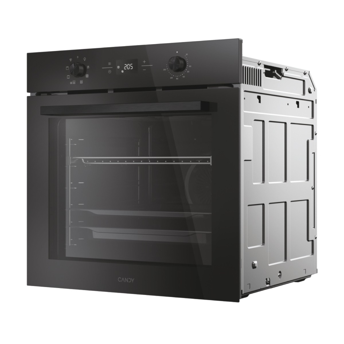 Un moderno forno da incasso nero con display digitale e manopole.