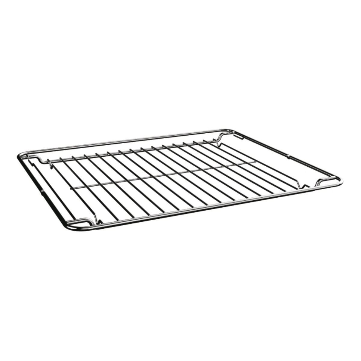 Una griglia rettangolare argentata per forno con barre parallele.