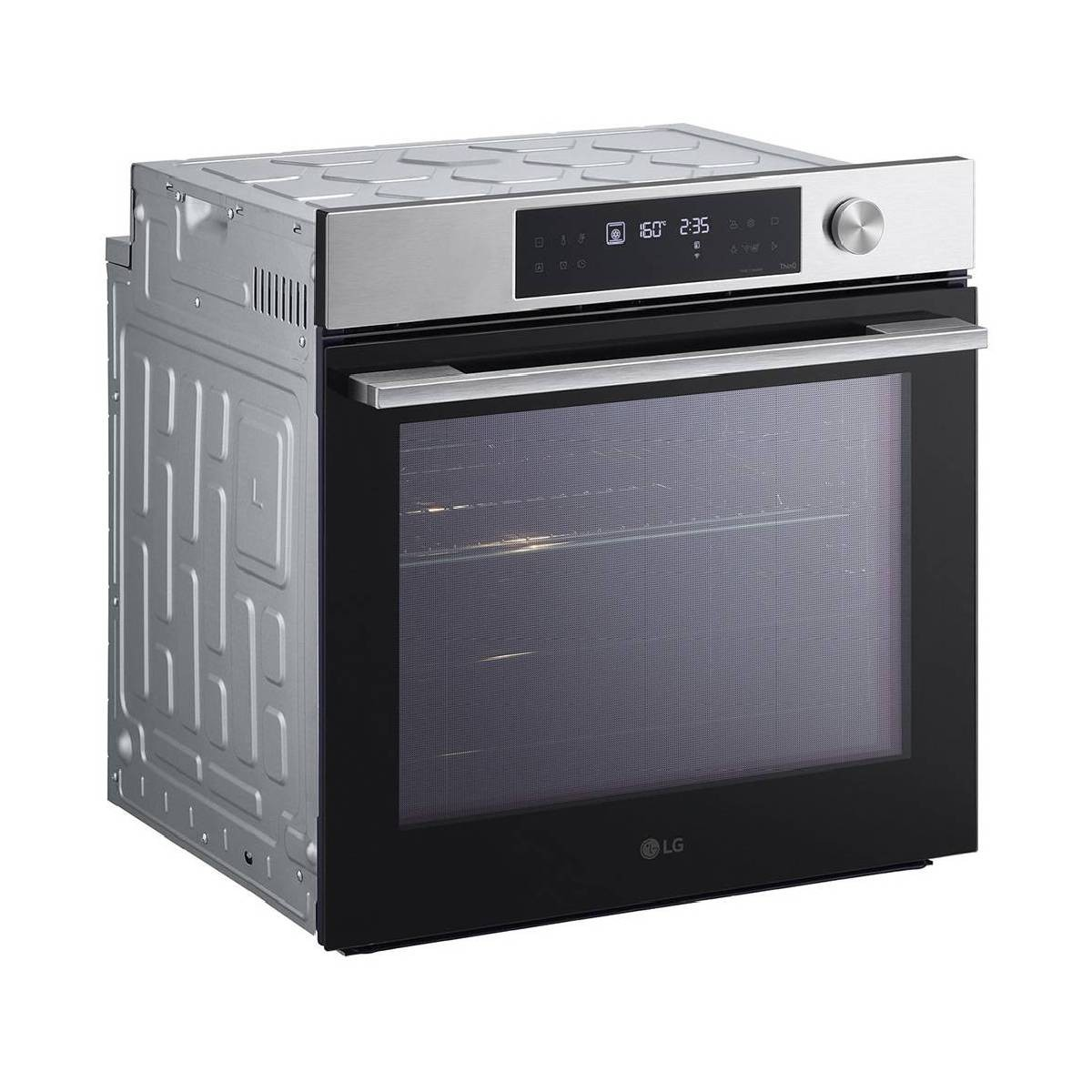 Un moderno forno da incasso LG con finitura in acciaio inossidabile e porta in vetro nero.