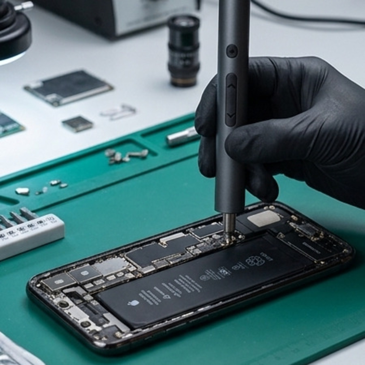 Una mano enguantada usa un destornillador para reparar un teléfono inteligente sobre un tapete verde.