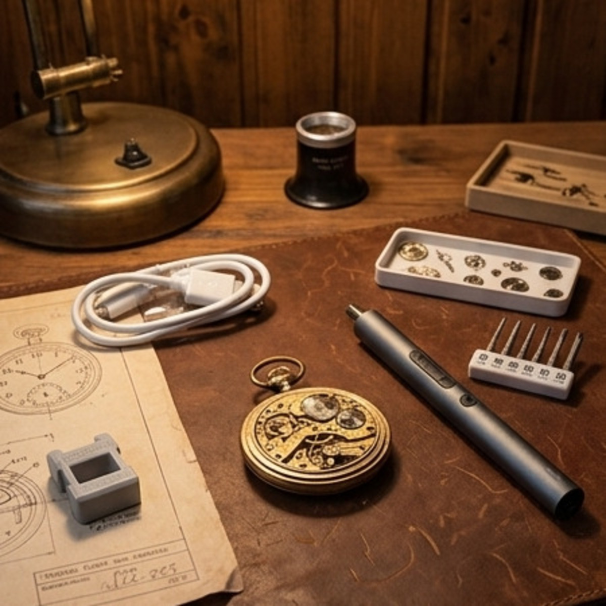 Herramientas de reparación de relojes: destornillador, bandeja de piezas, cable, lupa y plano.