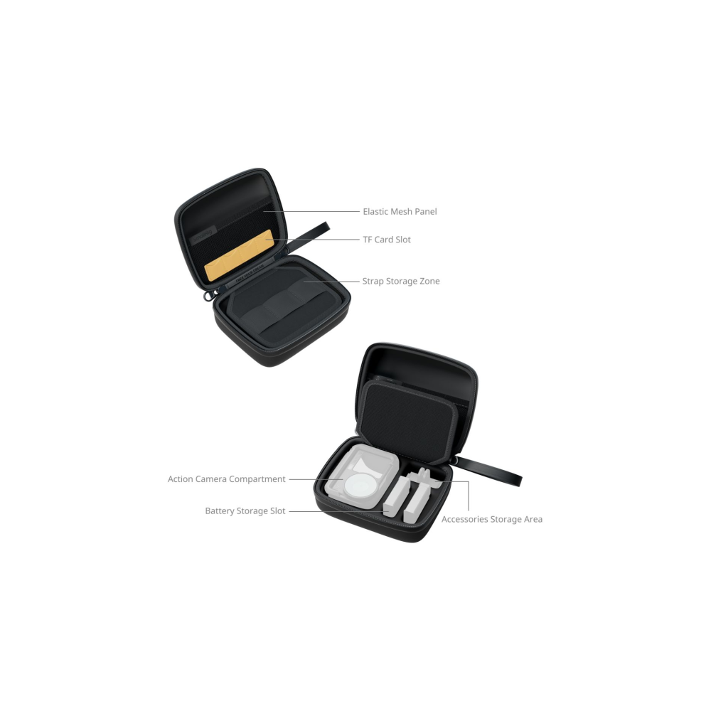 Twee zwarte camerahoesjes, één open met vakken, de andere met accessoires.