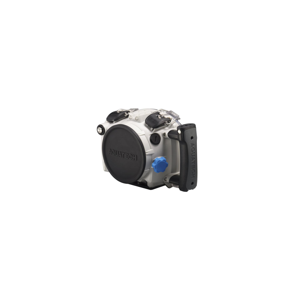 Witte onderwatercamera behuizing met zwarte lensdop en blauwe knop.