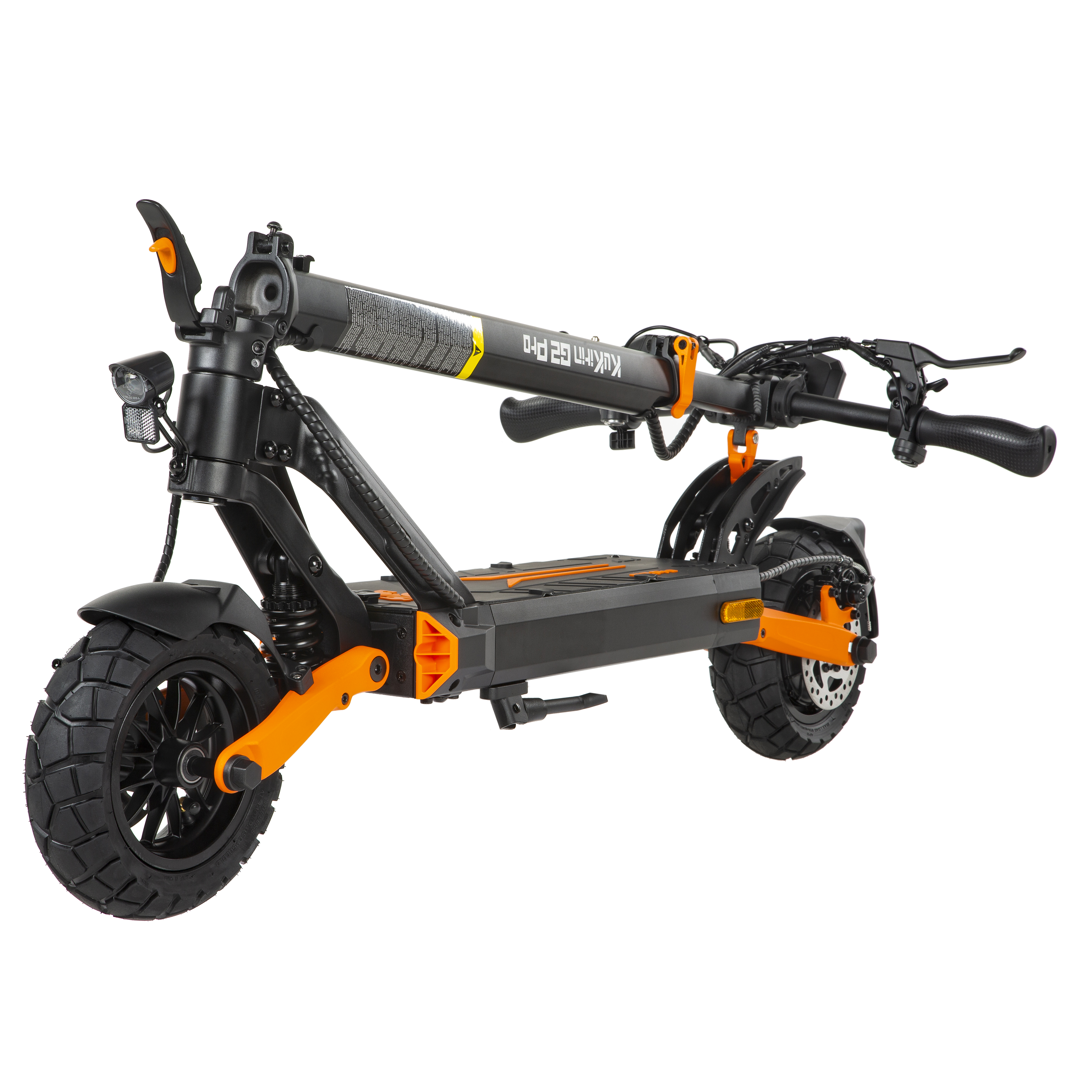 Schwarzer Elektroroller mit orangen Akzenten, breiten Reifen und Stoßdämpfern.