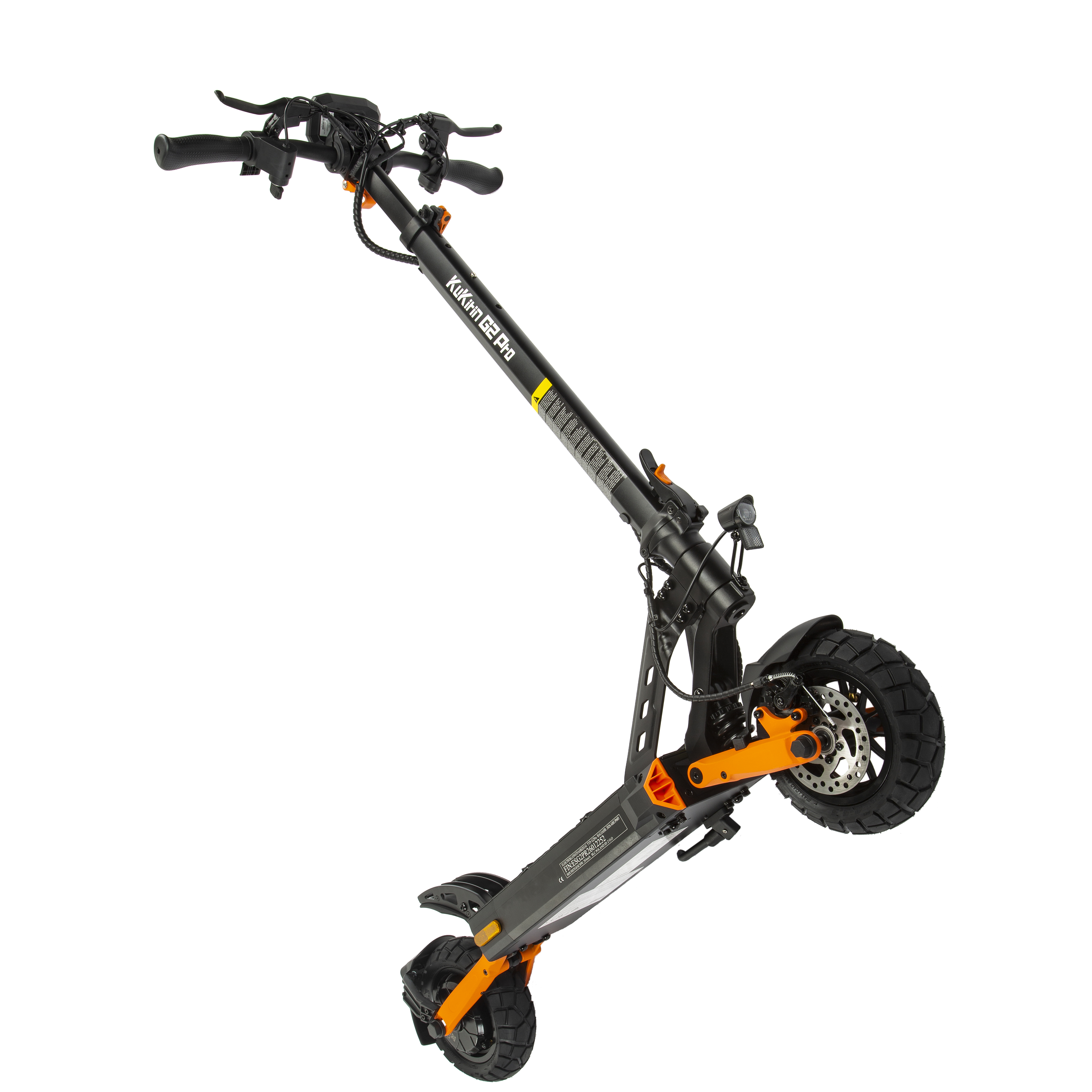 Schwarzer E-Scooter mit orangefarbenen Akzenten, auf weißem Hintergrund.