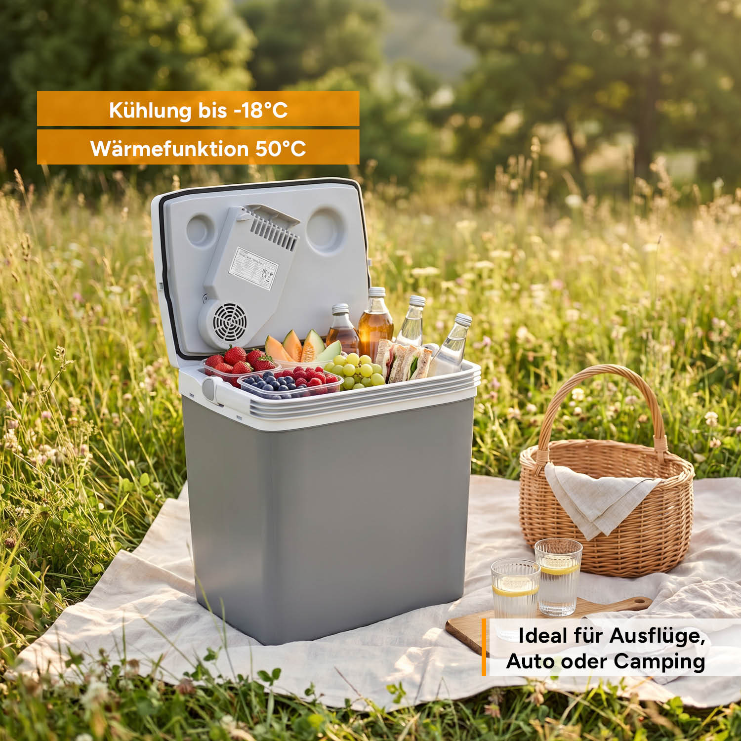 Ein Kühl-/Warmhaltebox mit Früchten, Sandwiches und Getränken im Freien.