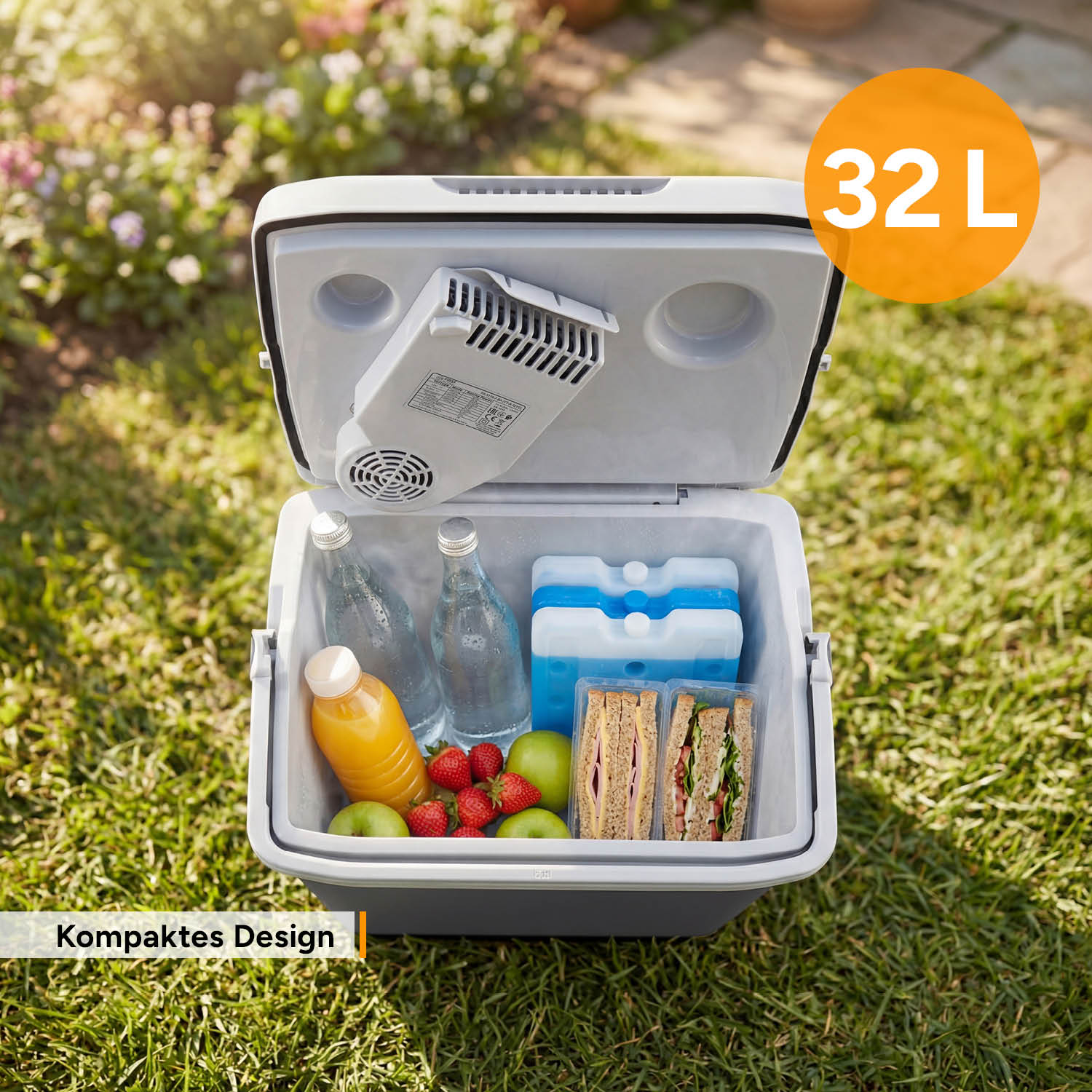 Offener Kühler mit Flaschen, Sandwiches, Obst und Eispacks auf Gras.