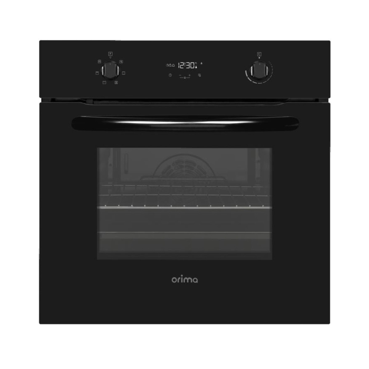 Un forno da incasso nero con porta in vetro e display digitale.