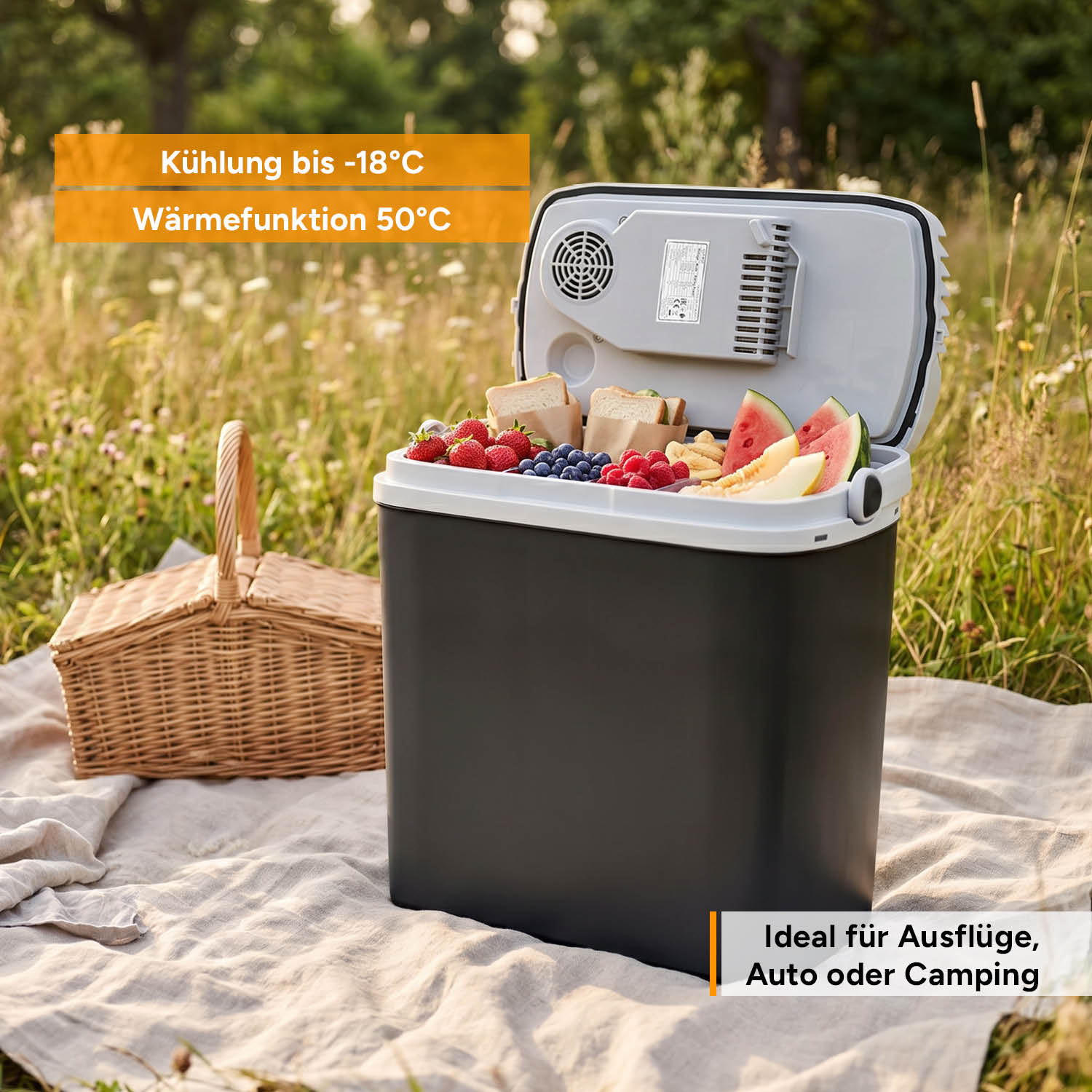Ein offener schwarzer Kühlbox mit Obst und Sandwiches, auf einer Decke im Gras.