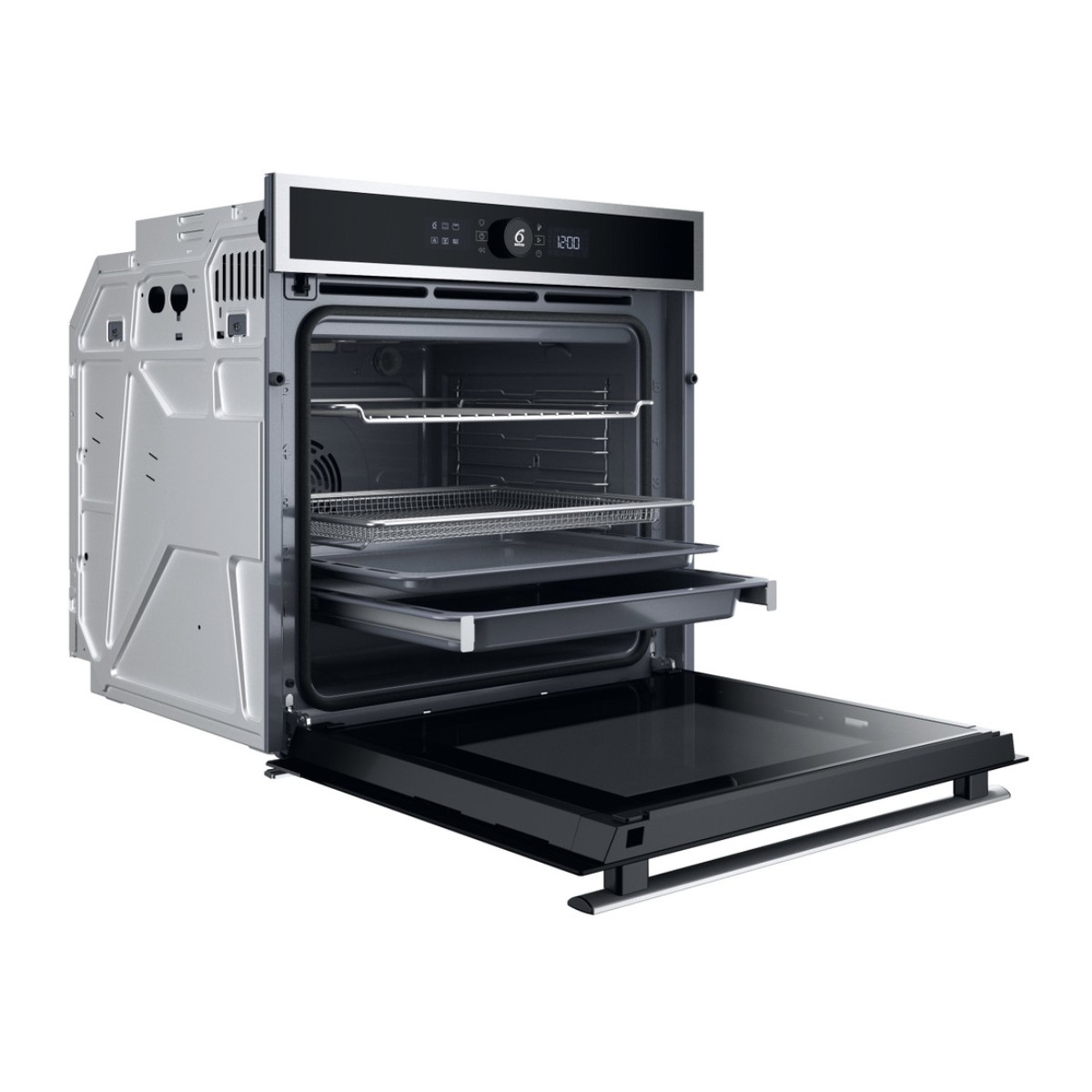 Un forno da incasso moderno con porta aperta, che mostra tre griglie e un display digitale.