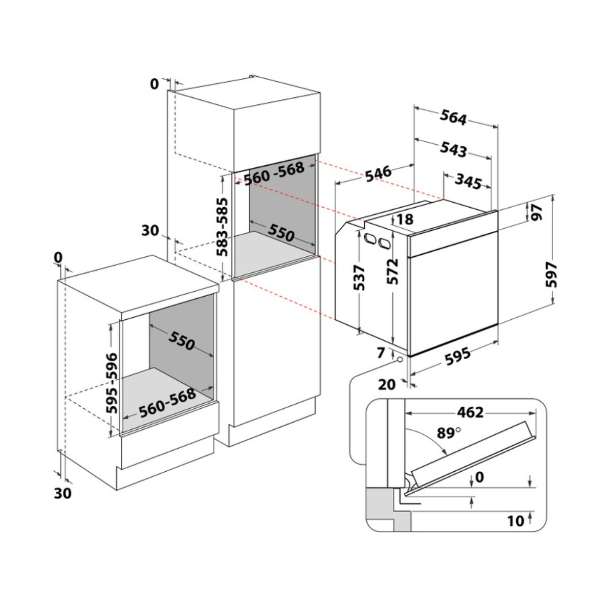 Disegno tecnico con dimensioni per elettrodomestici da incasso, viste dettagliate.