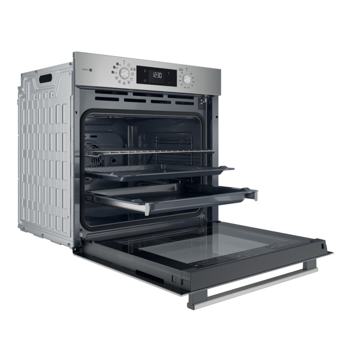 Forno da incasso aperto in acciaio inox con due griglie e display digitale dell'ora.