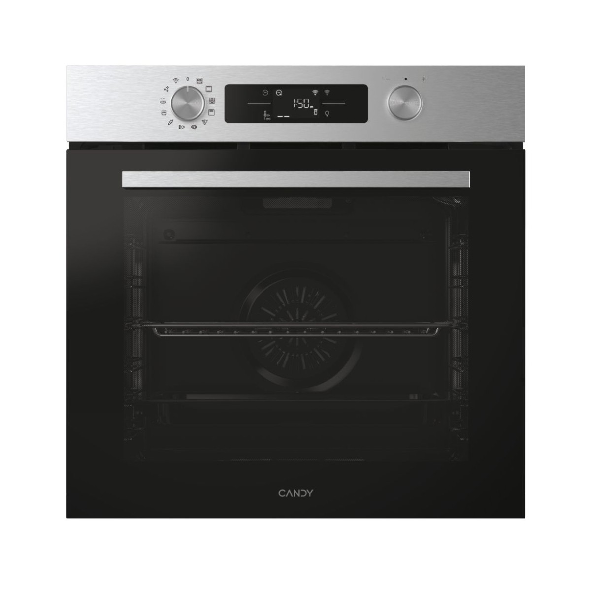 Un forno da incasso moderno con pannello di controllo in acciaio spazzolato e display digitale.